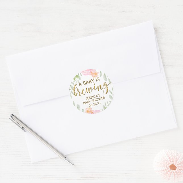 Blush Floral A Baby is Brewing Round Baby Shower C Classic Round Sticker (Envelope)