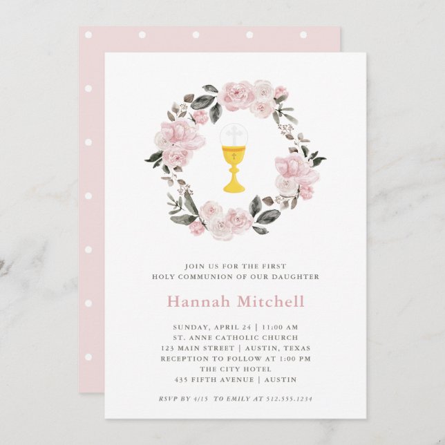 Blush Floral and Chalice | First Holy Communion Invitation (Front/Back)