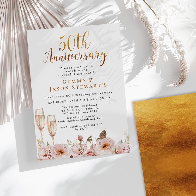 Blush Floral And Gold 50th Anniversary Invitation (Blush Foral and Gold 50th Wedding Anniversary Invitation, Champagne Glasses, Faux Gold Calligraphy)