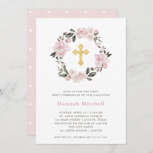 Blush Floral and Gold Cross   First Holy Communion Invitation