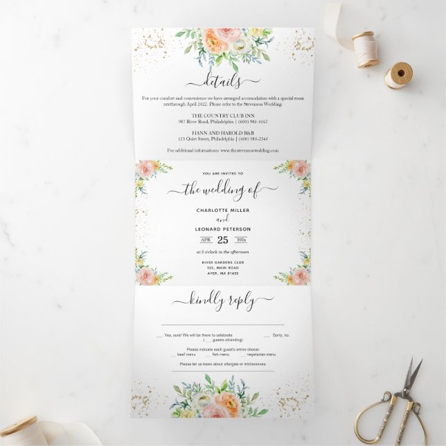 Blush Floral and gold Wedding Tri-Fold Invitation (Inside)