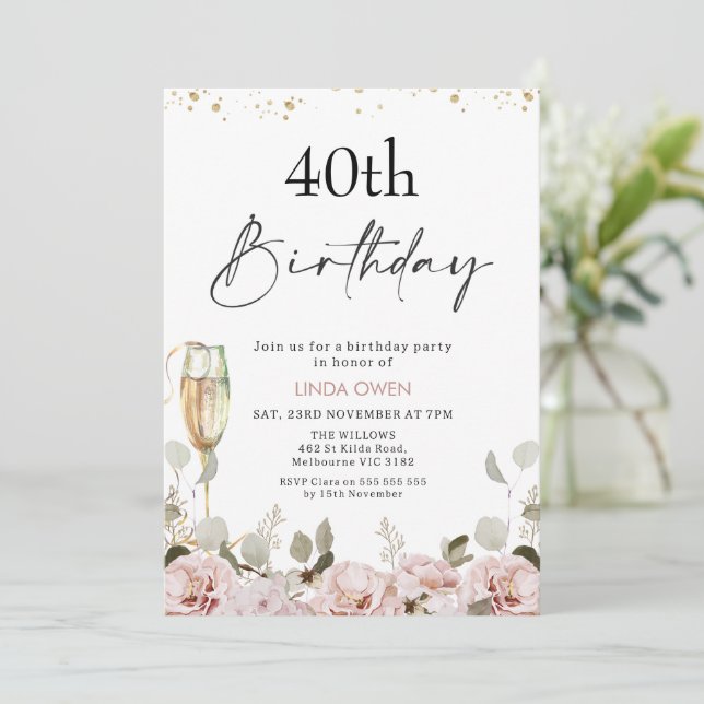 Blush Floral Any Age Birthday Invitation (Standing Front)