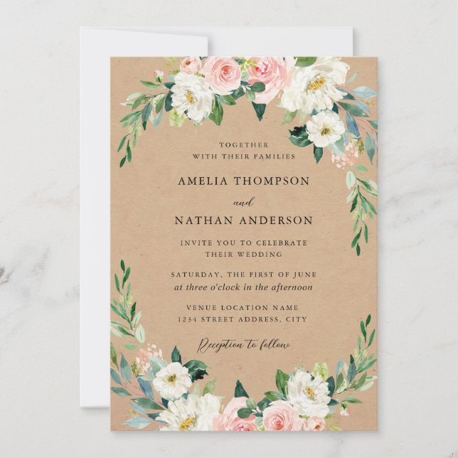 Blush Floral Arch Rustic Kraft Wedding Invitation (Front)