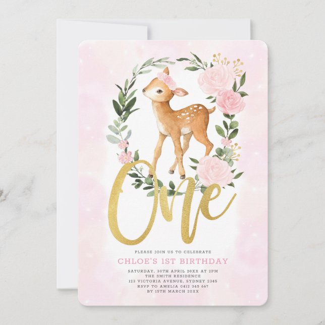 Blush Floral Baby Deer Fawn Girl 1st Birthday Invitation (Front)