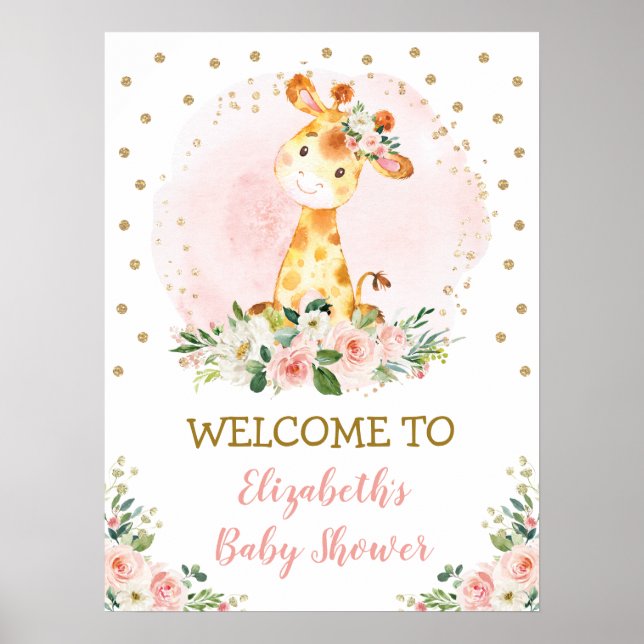 Blush Floral Baby Giraffe Safari Wild One Welcome Poster (Front)