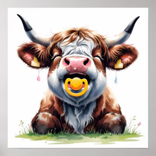 Blush Floral Baby Highland Cow Poster