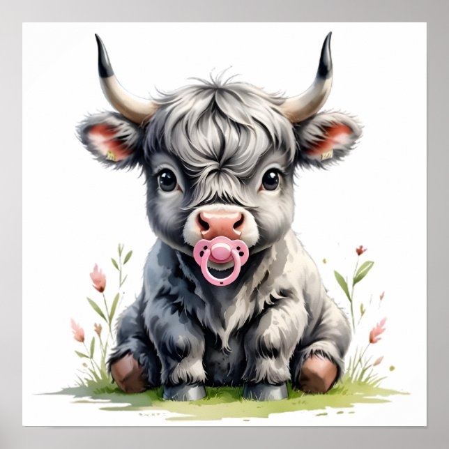 Blush Floral Baby Highland Cow Poster (Front)