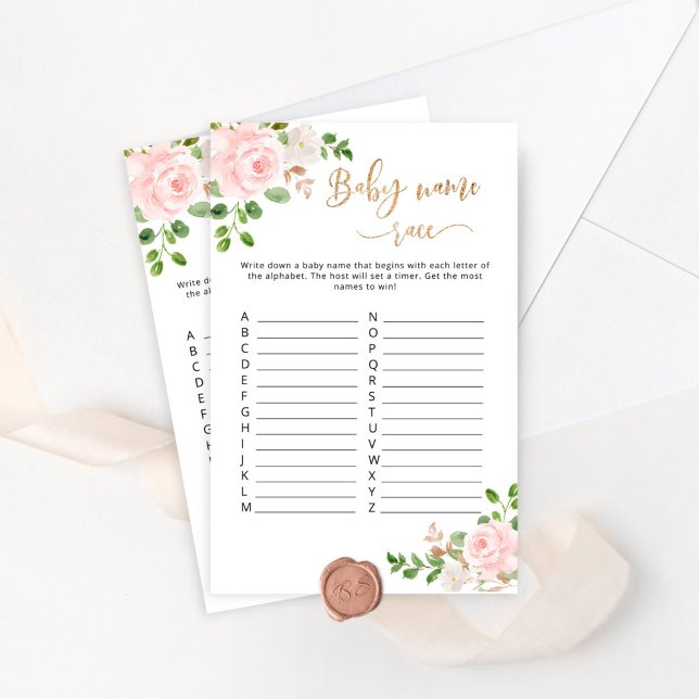 Blush floral baby name race baby shower game (Creator Uploaded)