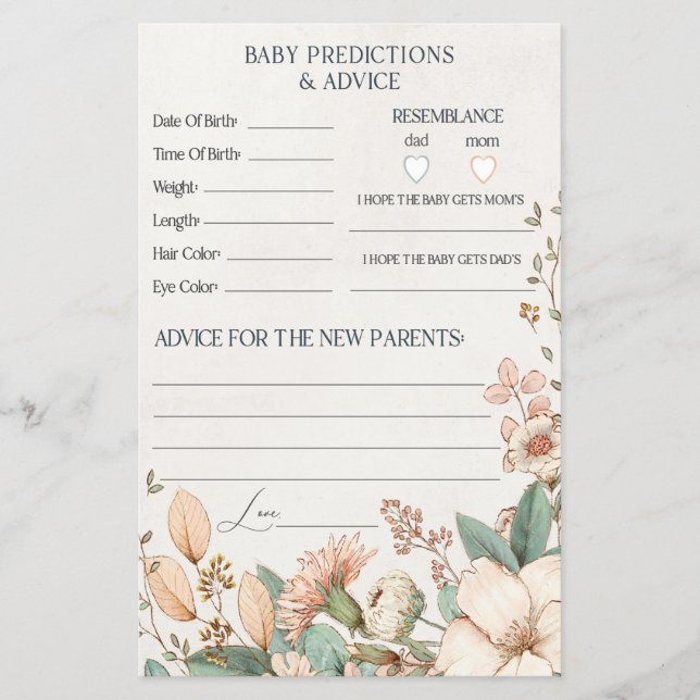 blush floral baby shower advice & predictions card (Front)