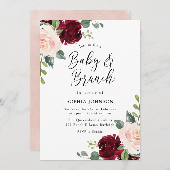 Blush Floral Baby Shower Baby & Brunch Invitation (Front/Back)