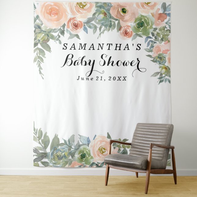 Blush Floral Baby Shower Photo Booth Tapestry (In Situ)