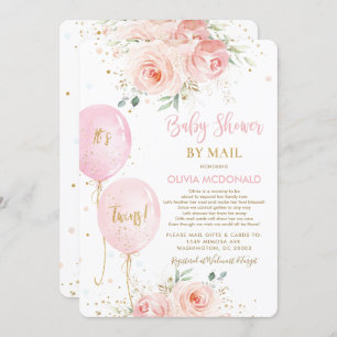 Blush Floral Balloons Twins Baby Shower by Mail Invitation