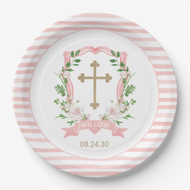 Blush Floral Baptism Paper Plate (Front)