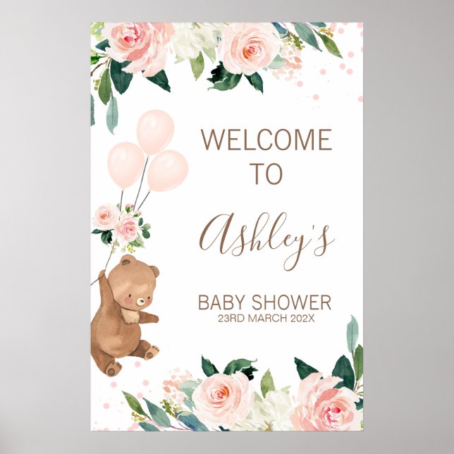 Blush Floral Bear Balloon Baby Shower Welcome Sign (Front)