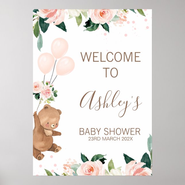 Blush Floral Bear Balloon Baby Shower Welcome Sign (Front)