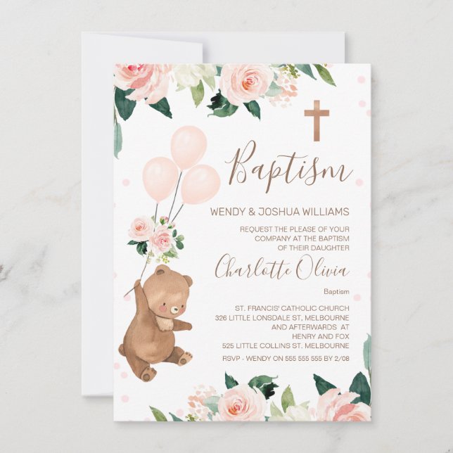 Blush Floral Bear Balloons Baptism Invitation (Front)