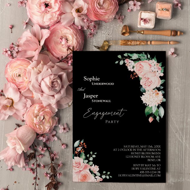 Blush Floral Black Engagement Party Invitation (Creator Uploaded)