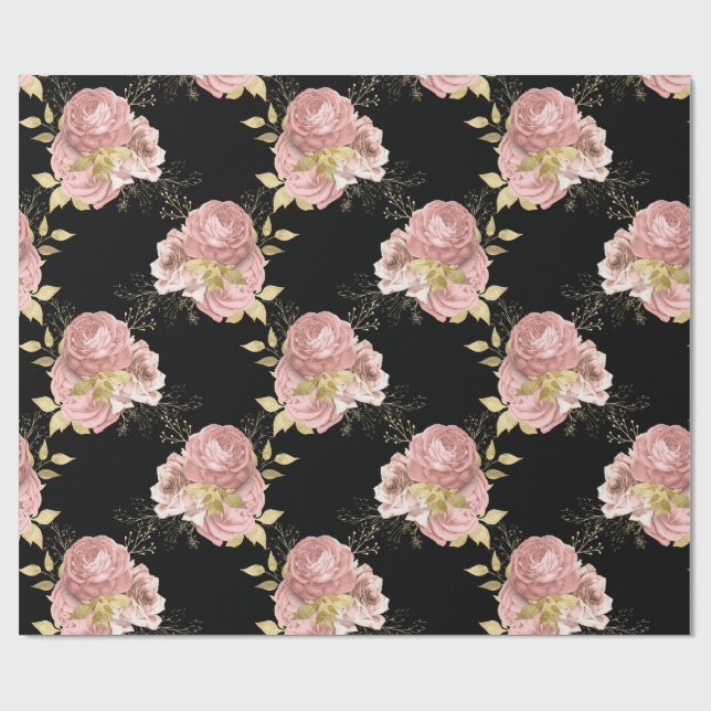 Blush Floral Black & Gold Romantic Gift Wrap (Flat)