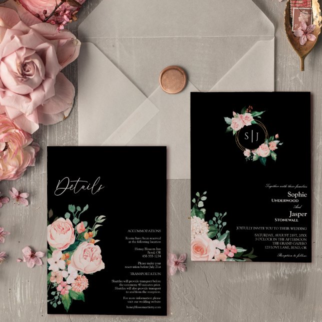 Blush Floral Black Monogram All In One Wedding Invitation (Creator Uploaded)