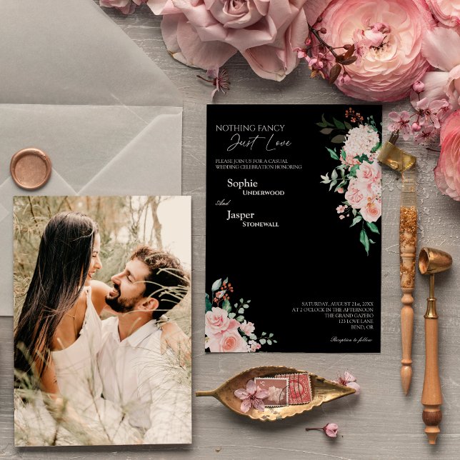 Blush Floral Black Nothing Fancy Photo Wedding Invitation (Creator Uploaded)