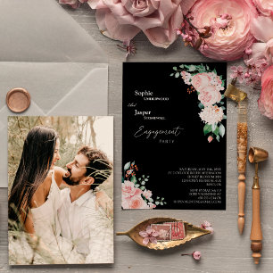 Blush Floral Black Photo Engagement Party Invitation