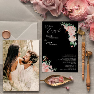 Blush Floral Black Photo We're Engaged Invitation