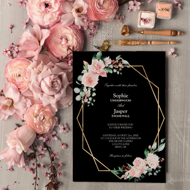 Blush Floral Black Simple Wedding Invitation (Creator Uploaded)