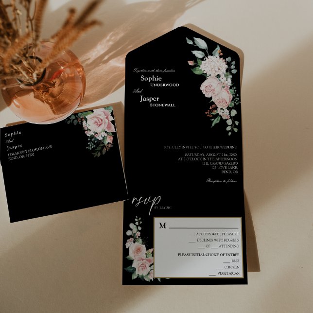 Blush Floral Black Wedding All In One Invitation (Creator Uploaded)