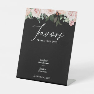 Blush Floral Black Wedding Favours Pedestal Sign