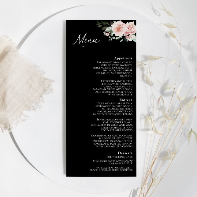 Blush Floral Black Wedding Flat Menu (Creator Uploaded)