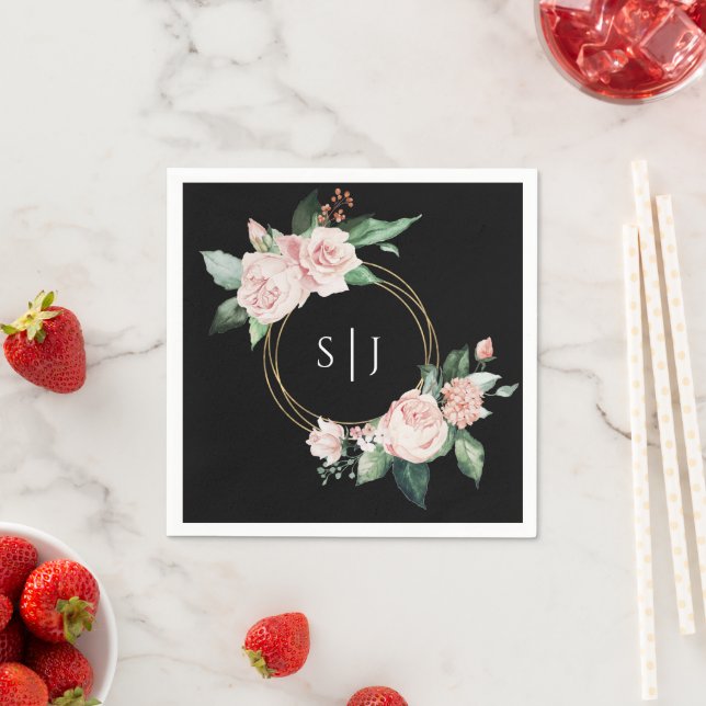 Blush Floral Black Wedding Monogram Napkin (Insitu)
