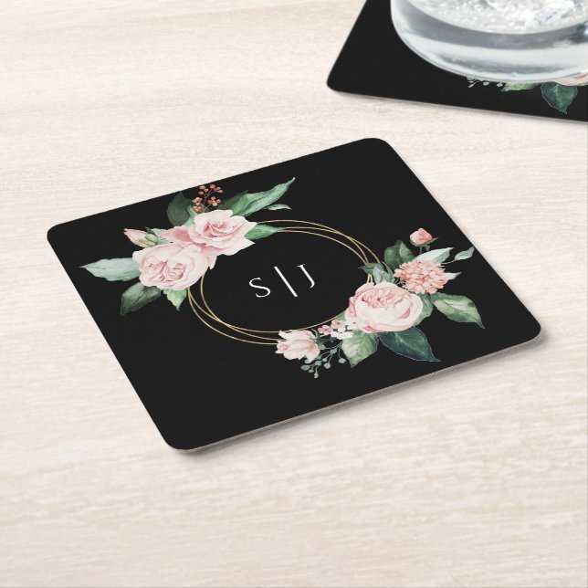 Blush Floral Black Wedding Monogram Square Paper Coaster (Angled)