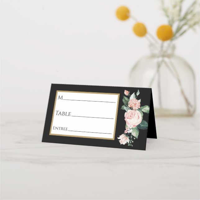 Blush Floral Black Wedding Place Card (Front)