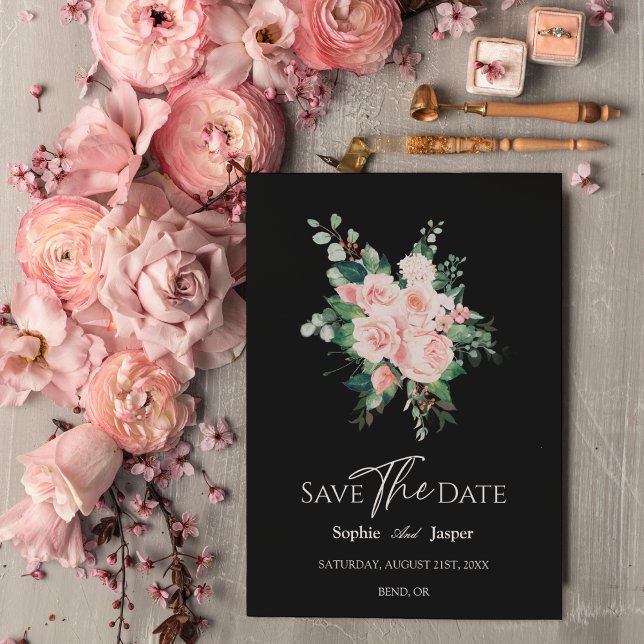 Blush Floral Black Wedding Save The Date Card (Creator Uploaded)