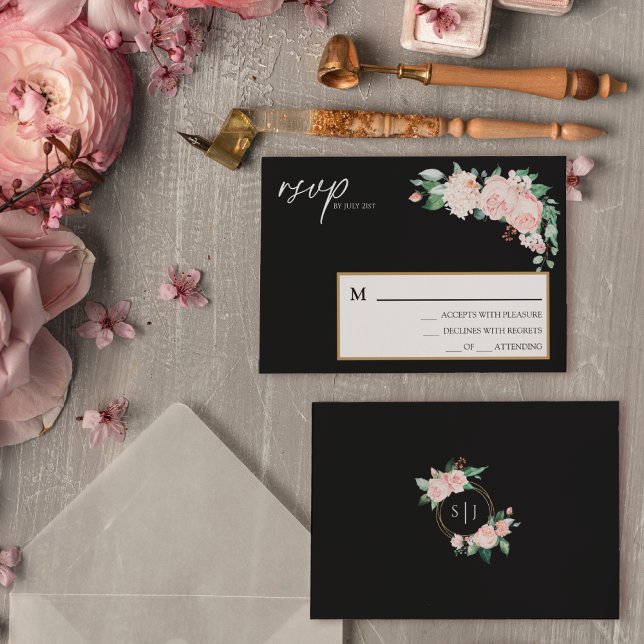 Blush Floral Black Wedding Simple RSVP Card (Creator Uploaded)