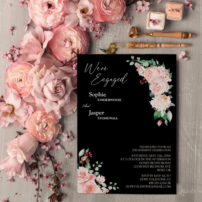 Blush Floral Black We're Engaged Invitation (Creator Uploaded)