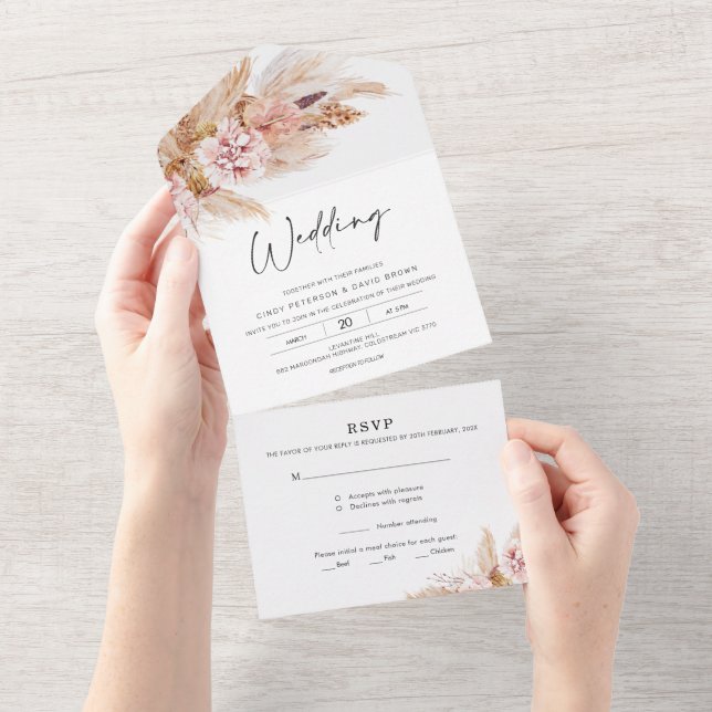 Blush Floral Boho All in One Wedding Invite (Tearaway)