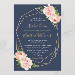 Blush Floral Botanical Gold Geometric Navy Wedding Invitation
