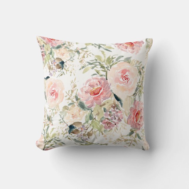 Blush floral botanical watercolor cushion (Front)