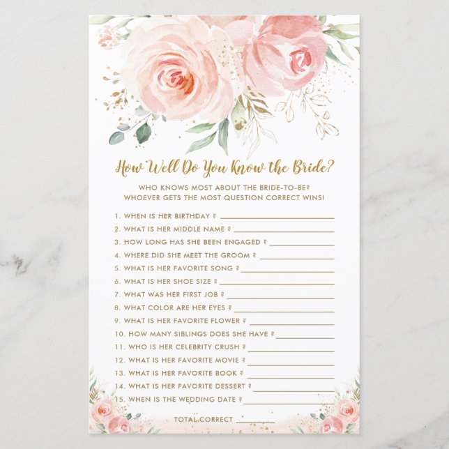 Blush Floral Bridal How Well You Know Bride Game (Front)