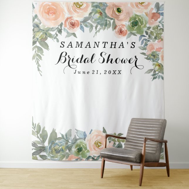 Blush Floral Bridal Shower Photo Booth Tapestry (In Situ)