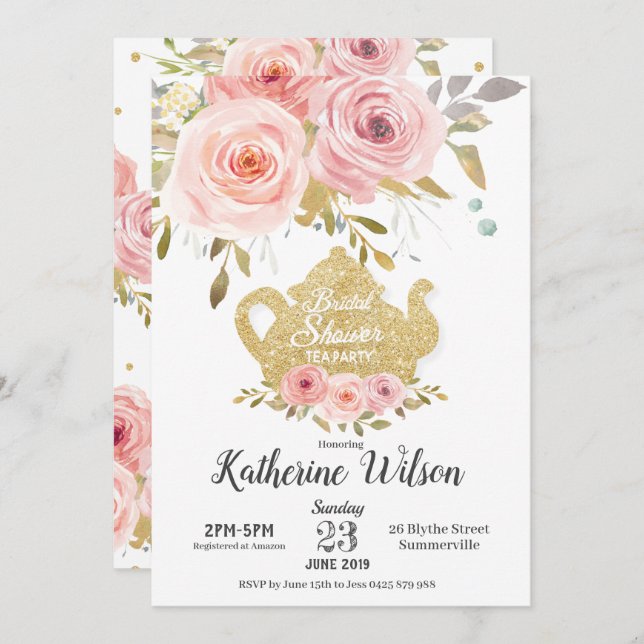 Blush Floral Bridal Shower Tea Party Invitation (Front/Back)