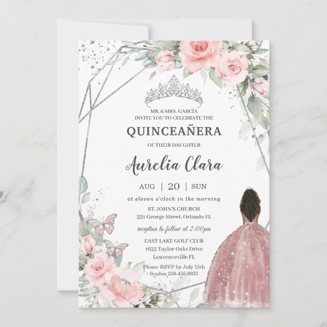 Blush Floral Brown Princess Butterfly Quinceañera Invitation (Front)