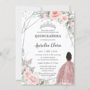 Blush Floral Brown Princess Butterfly Quinceañera Invitation