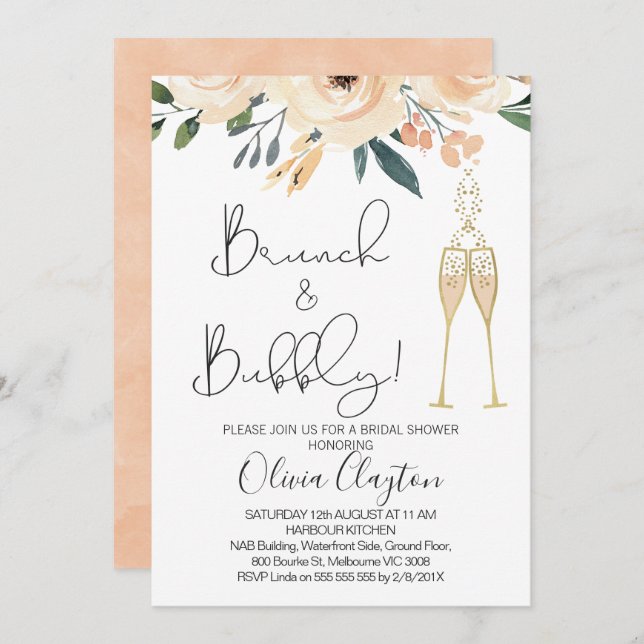 Blush Floral Brunch Bubbly Bridal Shower Invites (Front/Back)