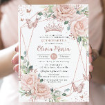 Blush Floral Butterflies Rose Gold Quinceañera  Invitation<br><div class="desc">Personalise this elegant blush pink floral Quinceañera / Sweet 16 birthday invitation card easily and quickly. Simply click the Edit Using Designs Tools button to further edit the texts, change fonts and fonts colours. Featuring soft watercolor blush pink roses, rose gold butterflies and a rose gold princess crown. Perfect for...</div>