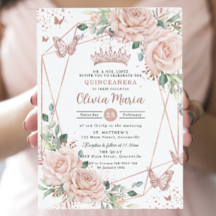 Blush Floral Butterflies Rose Gold Quinceañera  Invitation