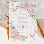 Blush Floral Butterflies Rose Gold Sweet Sixteen Invitation<br><div class="desc">Personalise this elegant blush pink floral Sweet 16 birthday invitation card easily and quickly. Simply click the Edit Using Designs Tools button to further edit the texts, change fonts and fonts colours. Featuring soft watercolor blush pink roses, rose gold butterflies and a modern rose gold geometric frame. Matching items available...</div>