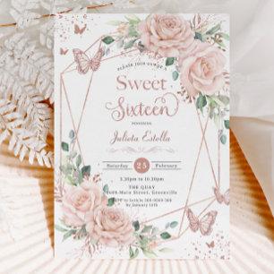 Blush Floral Butterflies Rose Gold Sweet Sixteen Invitation