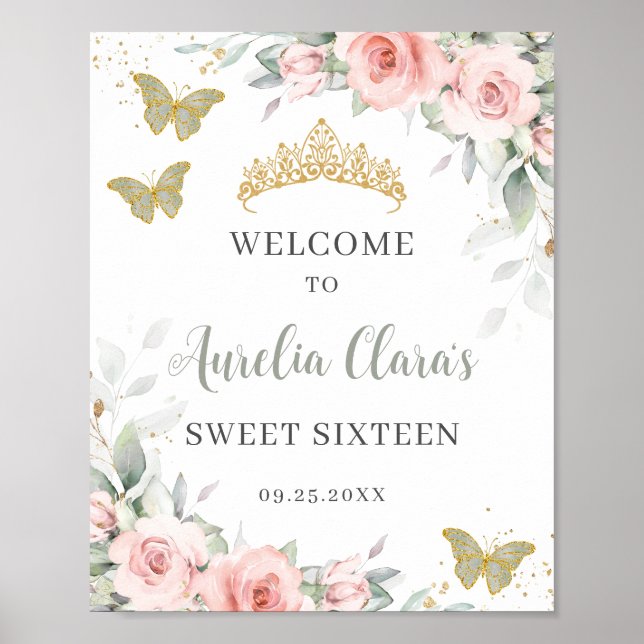Blush Floral Butterflies Sage Green Sweet Sixteen  Poster (Front)